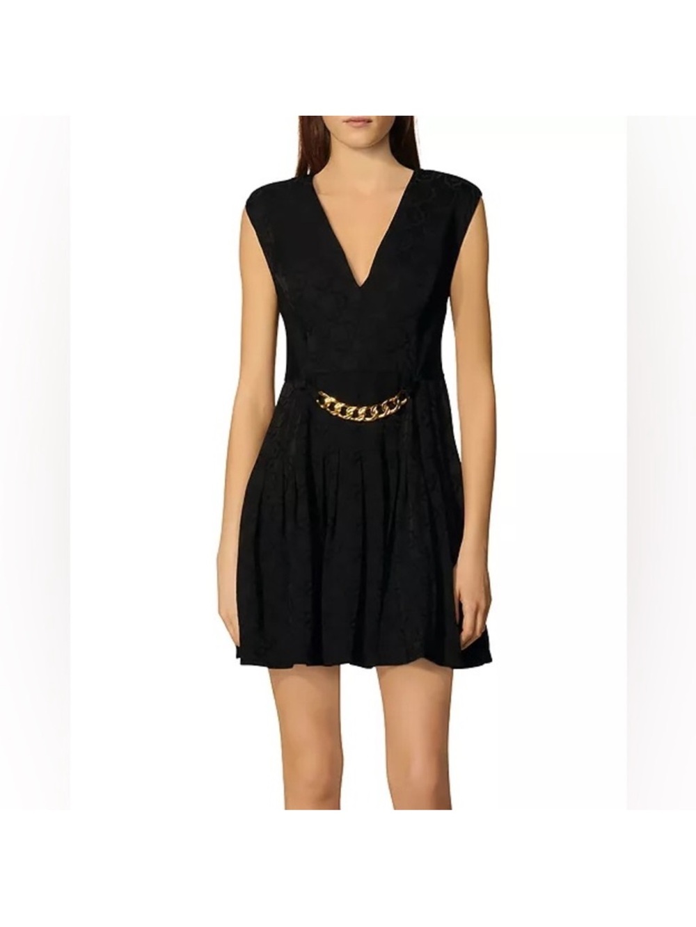 Sandro Black Deep-V Dress Gold Chain Size 36 NWT